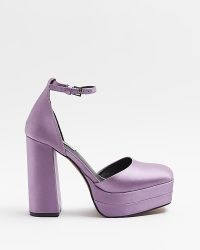RIVER ISLAND PURPLE SATIN PLATFORM HEELED SHOES ~ women’s chunky retro footwear ~ womens block heel platforms ~ 70s style shoes ~ 1970s inspired high heels