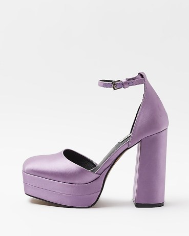 RIVER ISLAND PURPLE SATIN PLATFORM HEELED SHOES ~ women’s chunky retro footwear ~ womens block heel platforms ~ 70s style shoes ~ 1970s inspired high heels - flipped