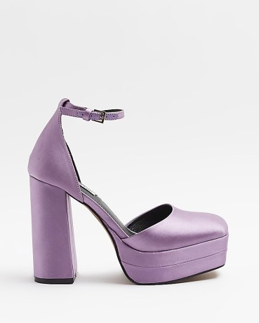 RIVER ISLAND PURPLE SATIN PLATFORM HEELED SHOES ~ women’s chunky retro footwear ~ womens block heel platforms ~ 70s style shoes ~ 1970s inspired high heels