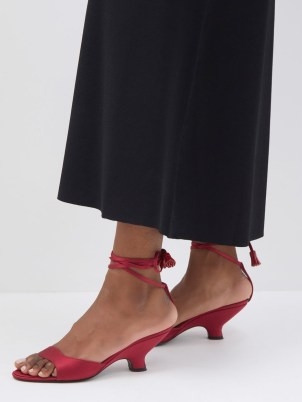 THE ROW Charlotte wraparound-strap satin sandals ~ red ankle wrap kitten heels ~ women’s designer footwear ~ MATCHESFASHION - flipped