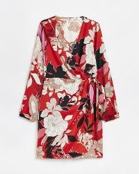 RIVER ISLAND RED FLORAL MINI BLAZER DRESS / long sleeve side tie wrap dresses / bold flower print fashion