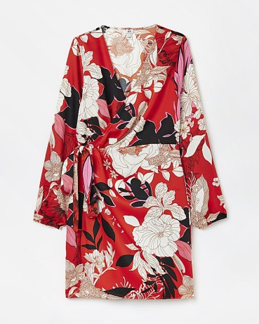 RIVER ISLAND RED FLORAL MINI BLAZER DRESS / long sleeve side tie wrap dresses / bold flower print fashion - flipped