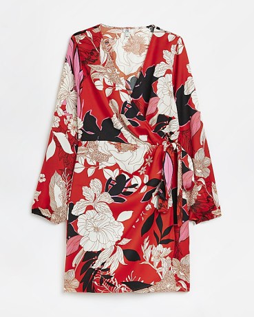 RIVER ISLAND RED FLORAL MINI BLAZER DRESS / long sleeve side tie wrap dresses / bold flower print fashion