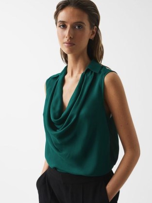 REISS AMELIEE COWL FRONT SLEEVELESS BLOUSE ~ green draped neck blouses - flipped
