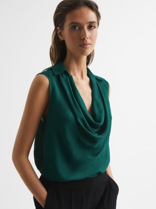 REISS AMELIEE COWL FRONT SLEEVELESS BLOUSE ~ green draped neck blouses