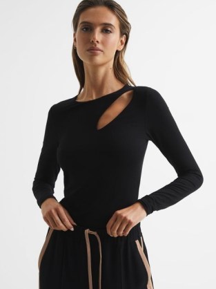 REISS AUBREY CUT-OUT LONG SLEEVE TOP BLACK ~ chic asymmetric tops ~ women’s contemporary cutout clothes