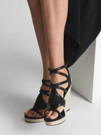 REISS BARDSLEY WEDGE SANDALS BLACK / strappy cut out high heel wedges / chic ankle strap wedged heels / women’s summer shoes