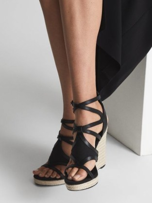 REISS BARDSLEY WEDGE SANDALS BLACK / strappy cut out high heel wedges / chic ankle strap wedged heels / women’s summer shoes