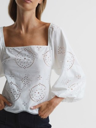 REISS BECCI EMBROIDERED BLOUSE WHITE ~ beautiful broderie puff sleeve blouses ~ feminine scalloped hem tops ~ square neck ~ eyelet embroidery ~ women’s summer clothes