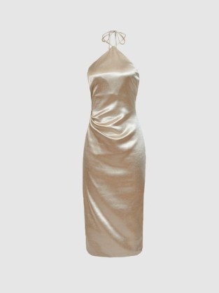 FARAH METALLIC HALTERNECK OCCASION DRESS ~ glamorous luxe evening dresses ~ silver silk-feel halter neck event clothes ~ party glamour - flipped