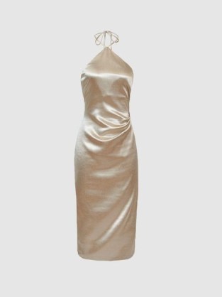 FARAH METALLIC HALTERNECK OCCASION DRESS ~ glamorous luxe evening dresses ~ silver silk-feel halter neck event clothes ~ party glamour