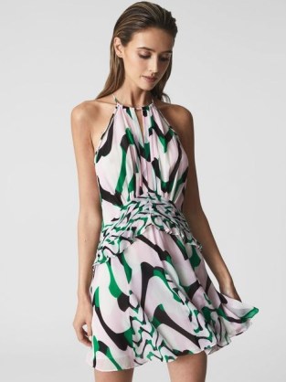 REISS BELLE PRINTED HALTER MINI DRESS GREEN/PINK ~ chic green and pink printed halterneck dresses ~ feminine summer clothes - flipped