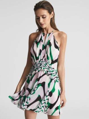 REISS BELLE PRINTED HALTER MINI DRESS GREEN/PINK ~ chic green and pink printed halterneck dresses ~ feminine summer clothes