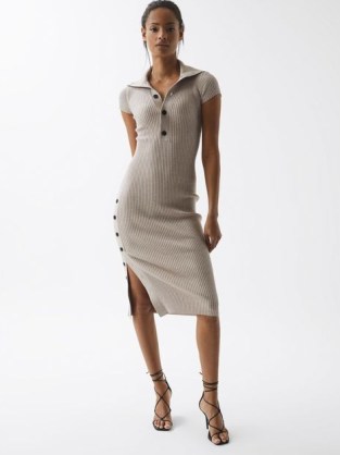REISS MASON BODYCON KNITTED DRESS NEUTRAL / fitted rib knit dresses / chic knitwear fashion - flipped