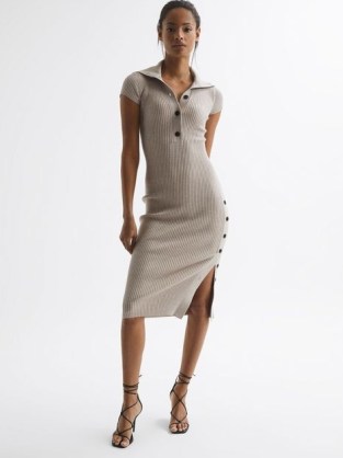REISS MASON BODYCON KNITTED DRESS NEUTRAL / fitted rib knit dresses / chic knitwear fashion