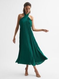 REISS ROYA HALTER NECK PLEAT MIDI DRESS ~ sophisticated evening clothes ~ green pleated halterneck occasion dresses ~ elegant event wear