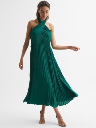 REISS ROYA HALTER NECK PLEAT MIDI DRESS ~ sophisticated evening clothes ~ green pleated halterneck occasion dresses ~ elegant event wear