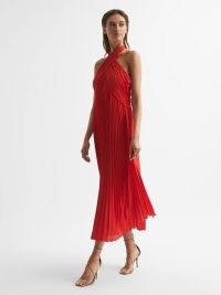 REISS ROYA HALTER NECK PLEAT MIDI DRESS RED ~ pleated halterneck occasion dresses ~ women’s summer event clothes