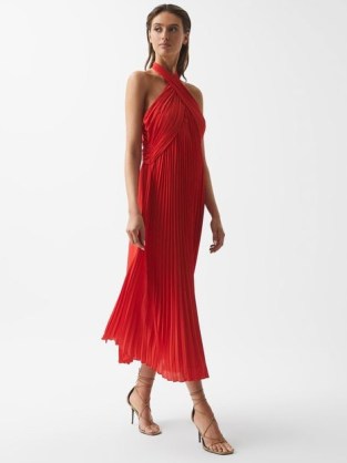REISS ROYA HALTER NECK PLEAT MIDI DRESS RED ~ pleated halterneck occasion dresses ~ women’s summer event clothes - flipped