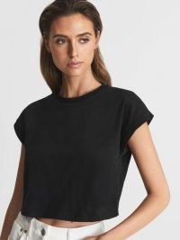 REISS TERRY COTTON CREW NECK CROP TOP BLACK ~ women’s casual fashion essentials ~ womens cropped short sleeve tops ~ chic tee
