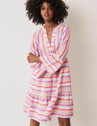 Boden Relaxed Linen Tiered Dress Firecracker, Cameo Pink – striped fluted sleeved summer dresses - flipped