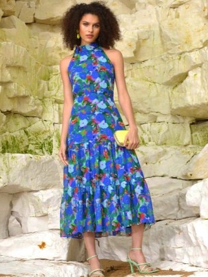 John Lewis Ro&Zo Floral Halterneck Midi Dress, Blue – tiered design for added movement – halter neckline and a sleeveless design