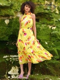 John Lewis Ro&Zo Floral Halterneck Midi Dress, Yellow – floral flourish – fluid feel in a tiered silhouette