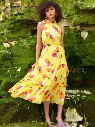 John Lewis Ro&Zo Floral Halterneck Midi Dress, Yellow – floral flourish – fluid feel in a tiered silhouette - flipped