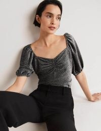 Boden Ruched Sparkle Jersey Top – metallic silver puff sleeve tops – sweetheart neckline fashion