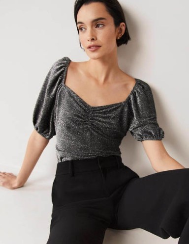 Boden Ruched Sparkle Jersey Top – metallic silver puff sleeve tops – sweetheart neckline fashion - flipped
