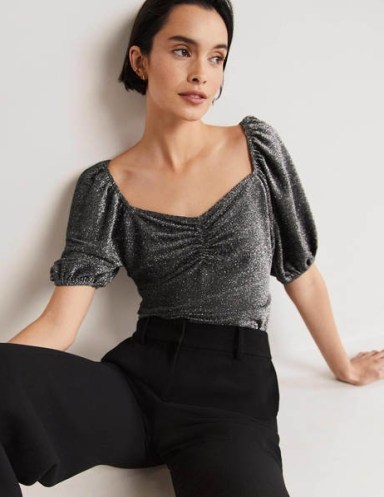 Boden Ruched Sparkle Jersey Top – metallic silver puff sleeve tops – sweetheart neckline fashion