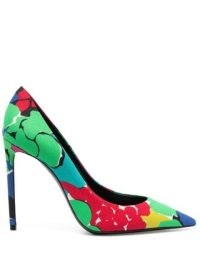 Saint Laurent Zoe 105mm floral-print pumps / multicoloured pointed toe courts / printed high stilettoe heel court shoes / women’s designer footwear at FARFETCH