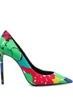 Saint Laurent Zoe 105mm floral-print pumps / multicoloured pointed toe courts / printed high stiletto heel court shoes / women’s designer footwear at FARFETCH