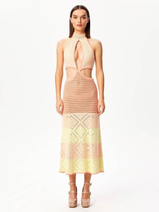 alice McCALL SALTY KISSES MIDI DRESS in TEA ROSE | sheer knitted cut out dresses | colour block knitwear fashion - flipped