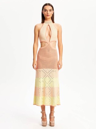alice McCALL SALTY KISSES MIDI DRESS in TEA ROSE | sheer knitted cut out dresses | colour block knitwear fashion