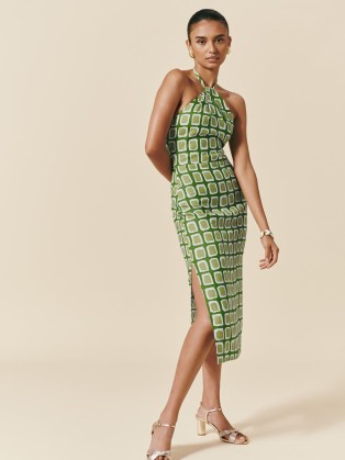 Santino Dress in Zucchini | elegant green halterneck summer event dresses | chic printed halter occasion fashion | women’s wedding guest clothes - flipped