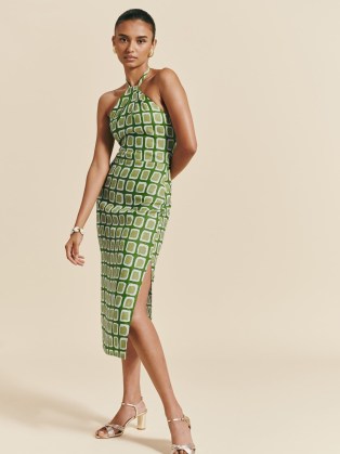 Santino Dress in Zucchini | elegant green halterneck summer event dresses | chic printed halter occasion fashion | women’s wedding guest clothes