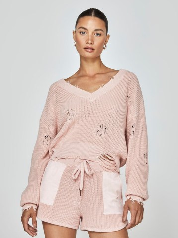 SER.O.YA Syd Sweater in CINTZ ROSE ~ pink ripped detail sweaters ~ women’s distressed V-neck jumpers ~ womens destroyed drop shoulder jumper ~ CARBON38 - flipped