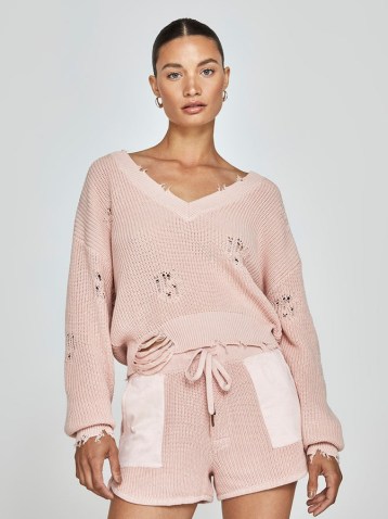 SER.O.YA Syd Sweater in CINTZ ROSE ~ pink ripped detail sweaters ~ women’s distressed V-neck jumpers ~ womens destroyed drop shoulder jumper ~ CARBON38