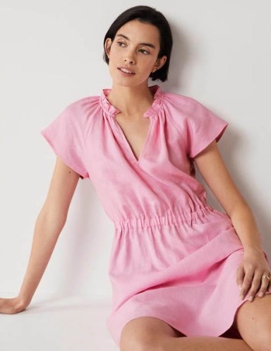 Boden Short Sleeve Linen Dress Bon Bon / women’s pink summer dresses - flipped