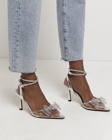 RIVER ISLAND SILVER PERSPEX COURT SHOES ~ metallic diamante embellished courts ~ front bow ankle wrap party heels ~ clear pointed toe