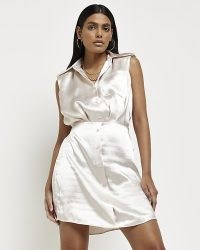 RIVER ISLAND SILVER SATIN MINI SLEEVELESS SHIRT DRESS ~ collared button front dresses ~ fashion with shimmer and sheen