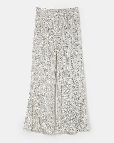 RIVER ISLAND SILVER SEQUIN FLARED TROUSERS / women’s sequinned flares / womens disc inspired fashion - flipped