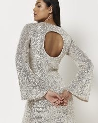 RIVER ISLAND SILVER SEQUIN MINI DRESS / sequinned cut out back party dresses / glittering going out evening fashion