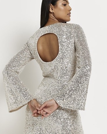 RIVER ISLAND SILVER SEQUIN MINI DRESS / sequinned cut out back party dresses / glittering going out evening fashion - flipped