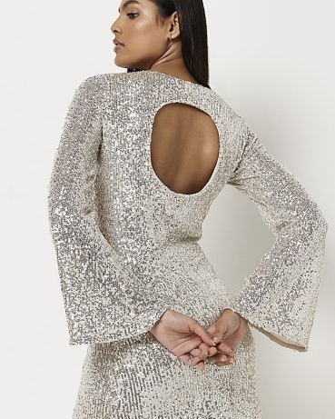 RIVER ISLAND SILVER SEQUIN MINI DRESS / sequinned cut out back party dresses / glittering going out evening fashion