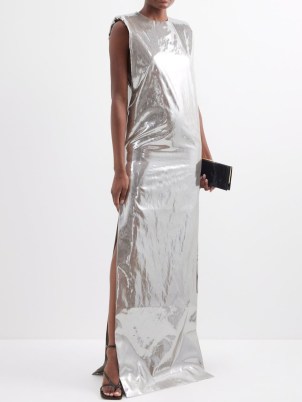 ZAID AFFAS Sleeveless lamé gown ~ silver side slit gowns ~ metallic occasion dresses ~ shiny thigh high split hem event clothes ~ women’s designer evening fashion ~ MATCHESFASHION - flipped