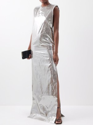 ZAID AFFAS Sleeveless lamé gown ~ silver side slit gowns ~ metallic occasion dresses ~ shiny thigh high split hem event clothes ~ women’s designer evening fashion ~ MATCHESFASHION