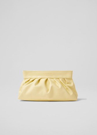 L.K. BENNETT Small Abbie Yellow Clutch / lemon-yellow leather occasion bags / gathered detail handbags / summer event accessories - flipped