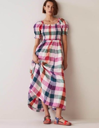 Boden Smocked Bodice Midi Dress Bonbon and Flambe – women’s check print linen summer dresses – womens checked fashion – puff sleeved clothes - flipped